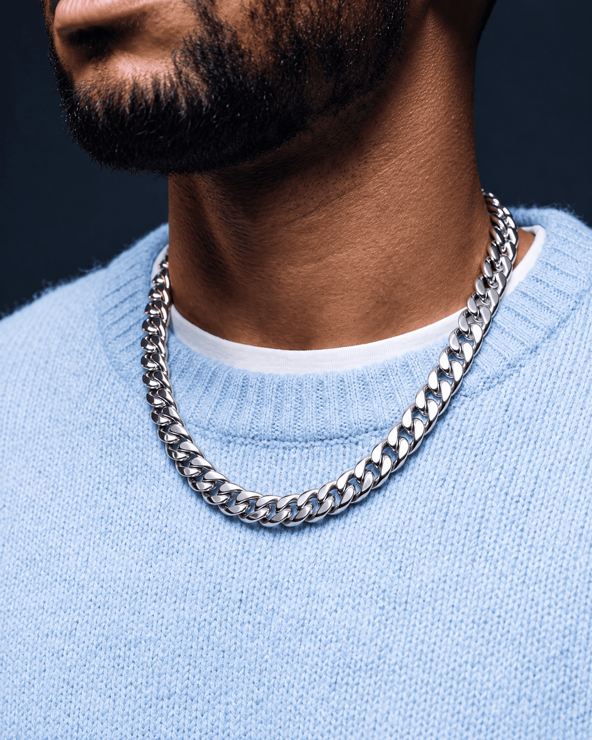 11mm white gold Clean Boxed Cubana chain worn on the neck