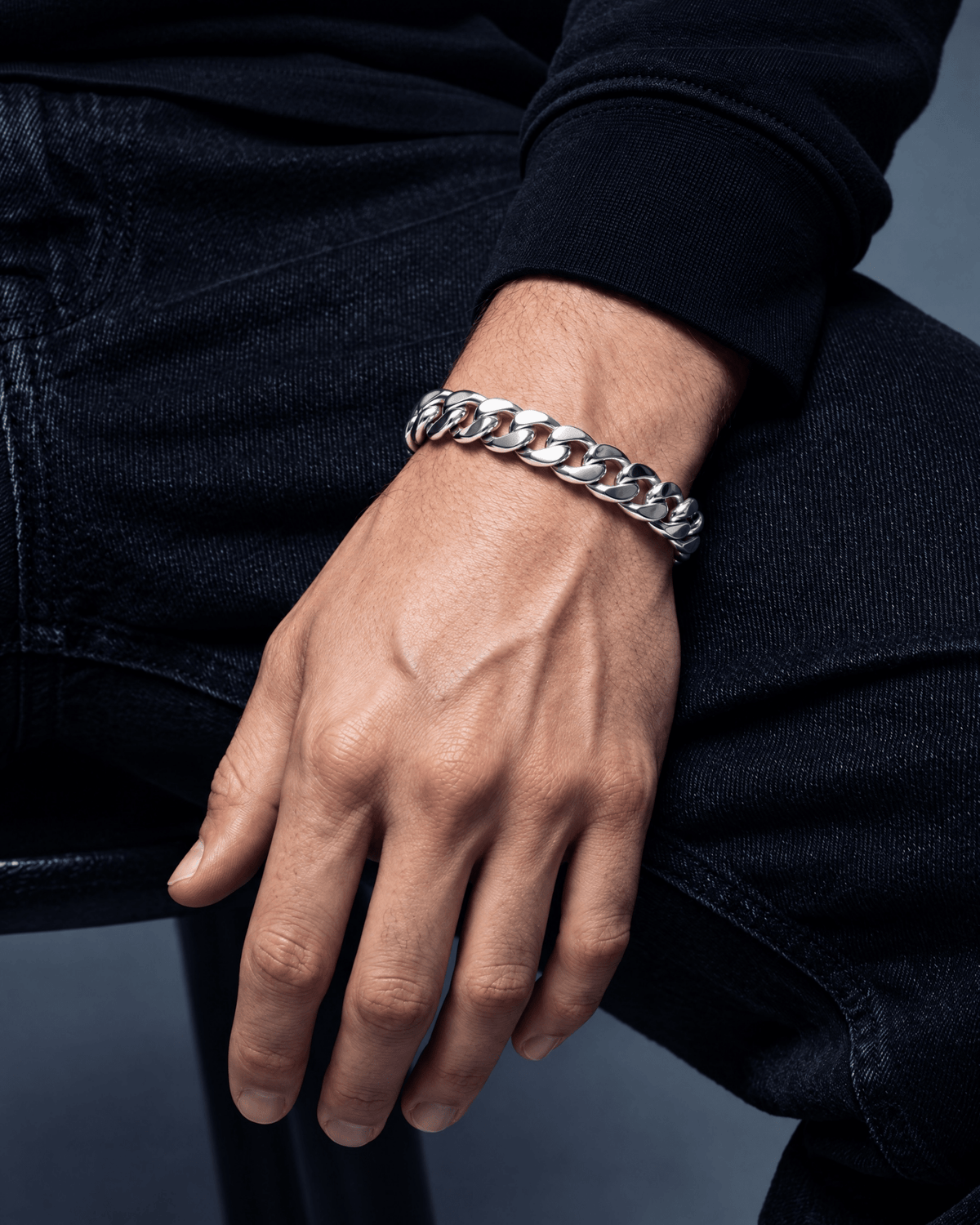 11mm white gold Clean Boxed Cubana bracelet worn on the wrist