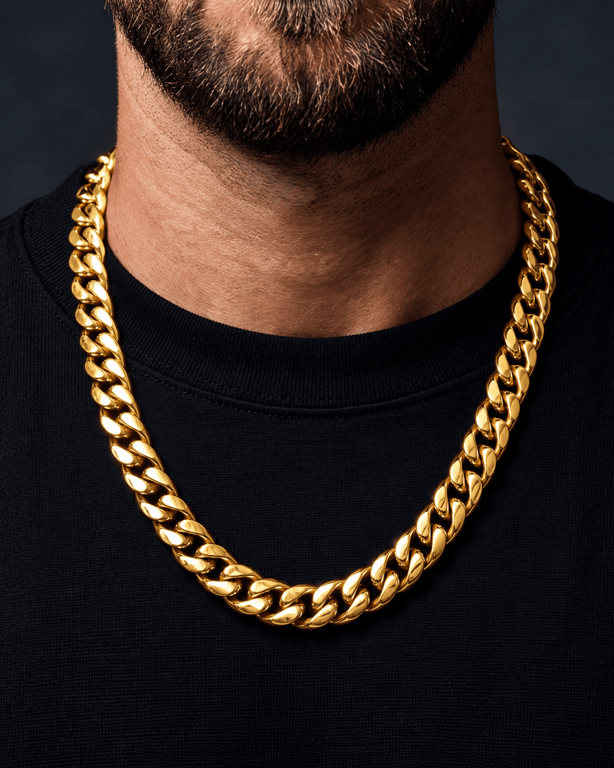 11mm gold Clean Boxed Cubana chain worn on the neck