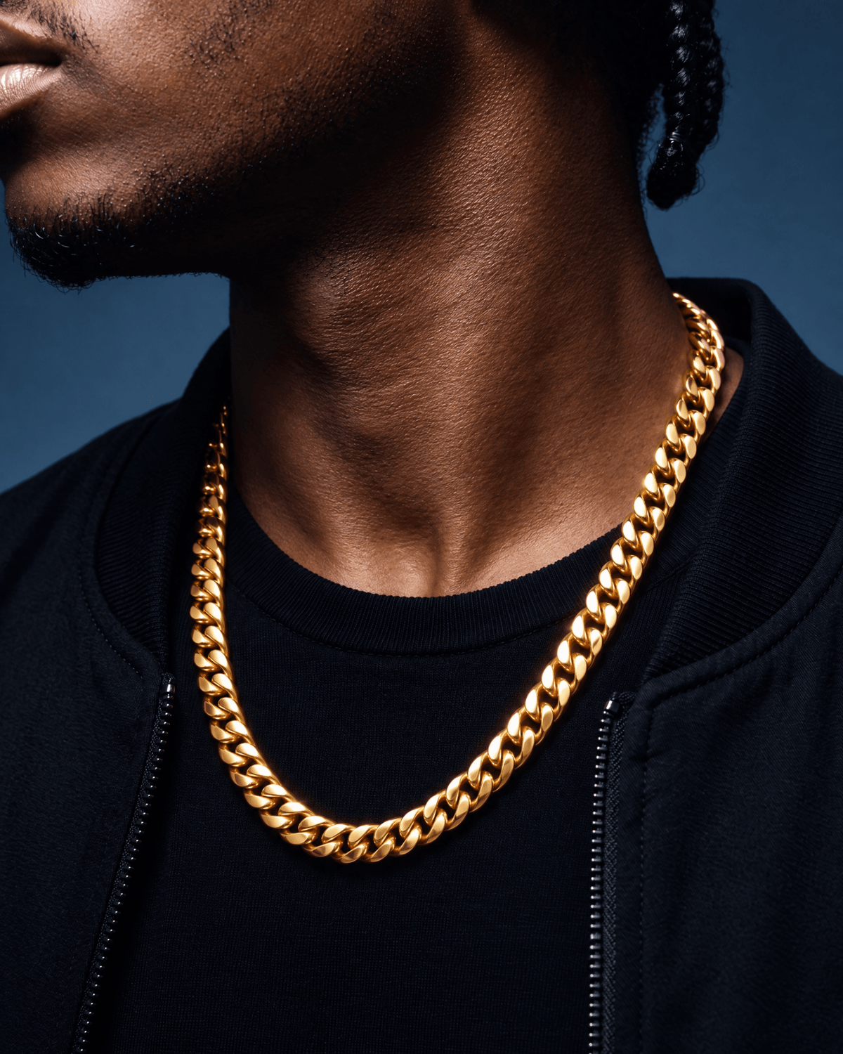 11mm gold Clean Boxed Cubana chain worn on the neck