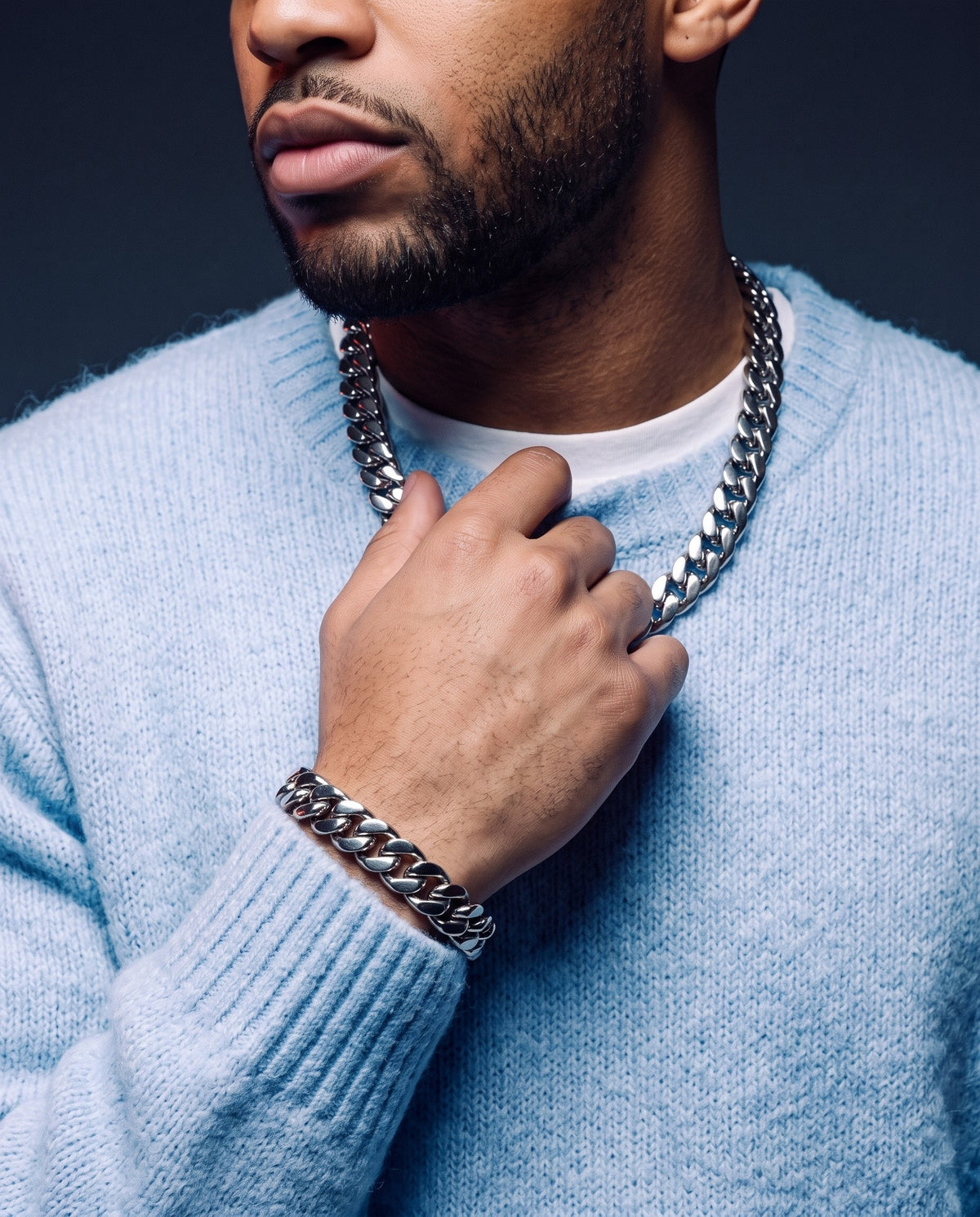 11mm white gold Clean Boxed Cubana chain and bracelet worn together