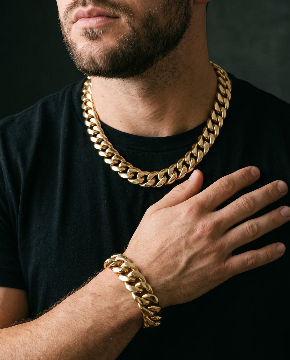 12mm gold Clean Cubana chain and bracelet worn together