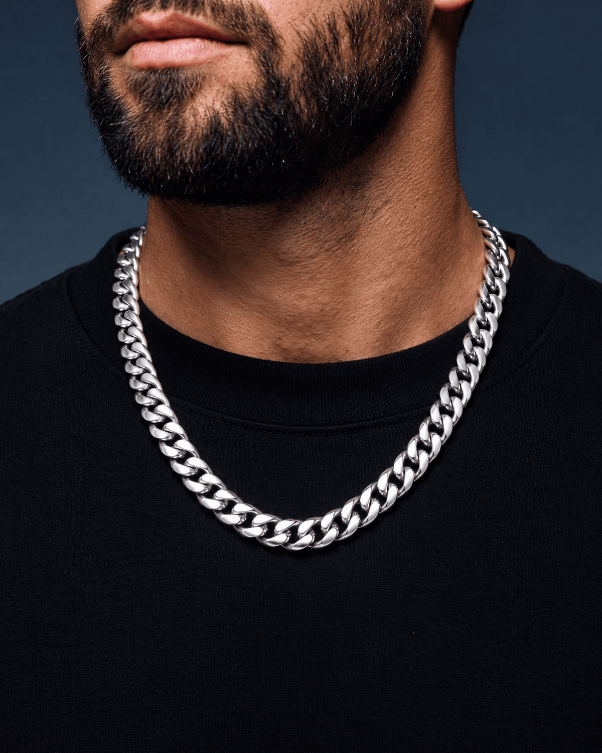 12mm white gold Clean Cubana chain worn on the neck