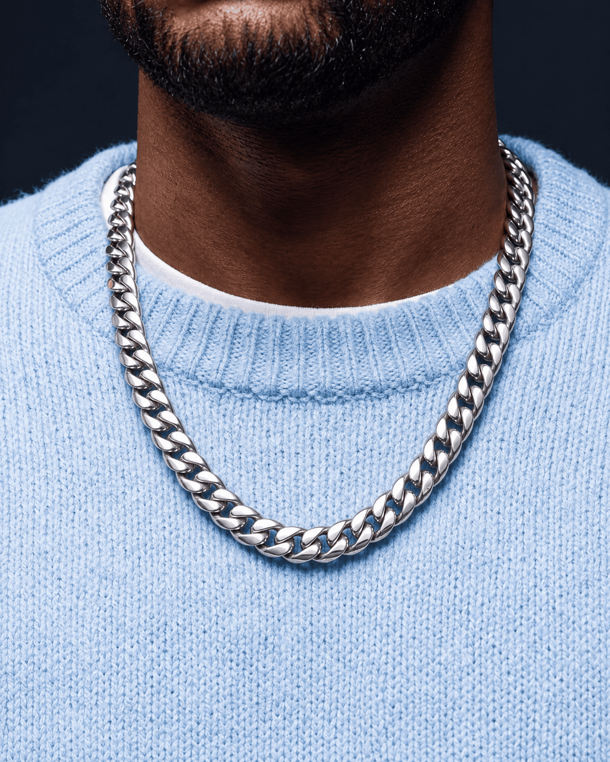 12mm white gold Clean Cubana chain worn on the neck