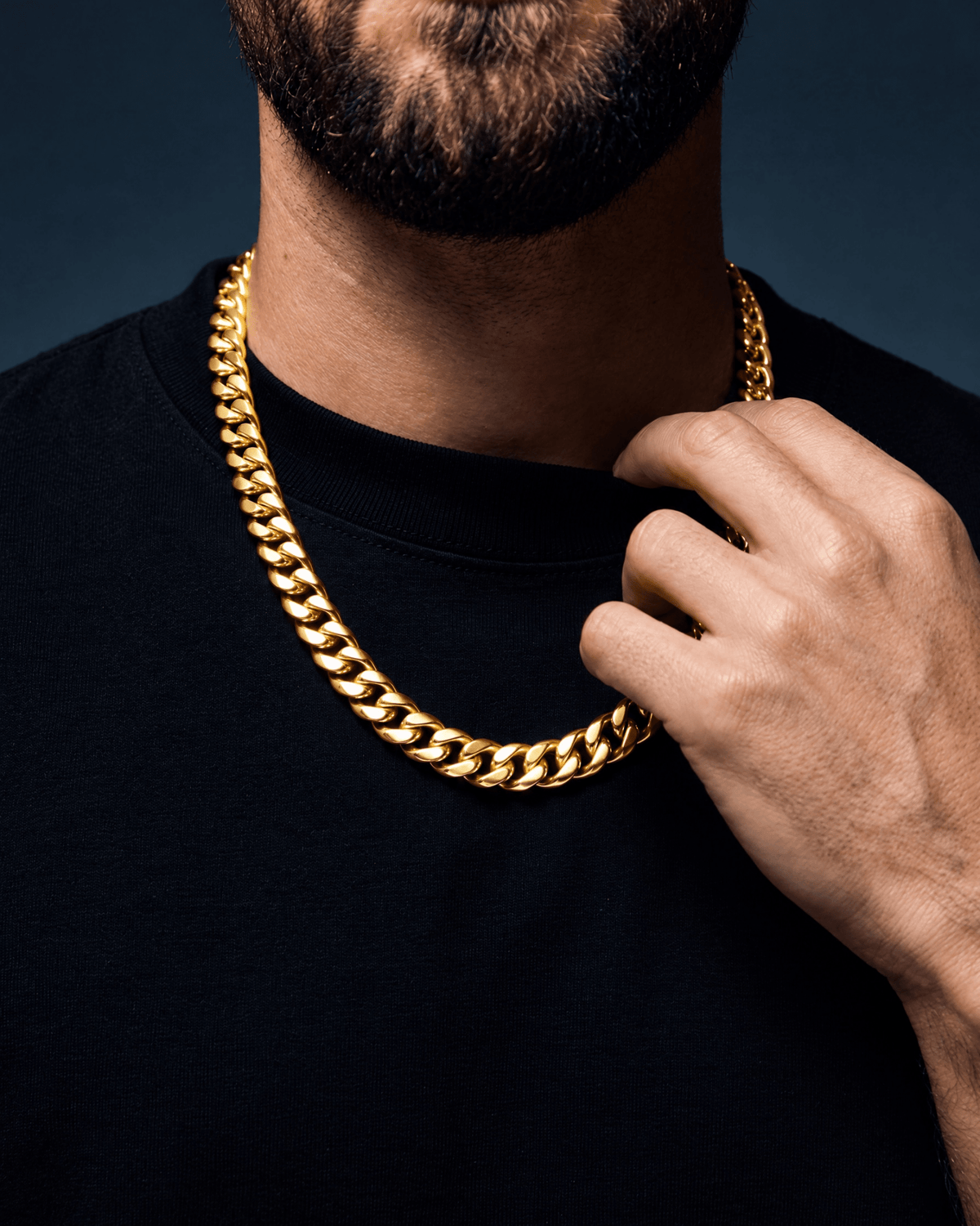 12mm gold Clean Cubana chain worn on the neck