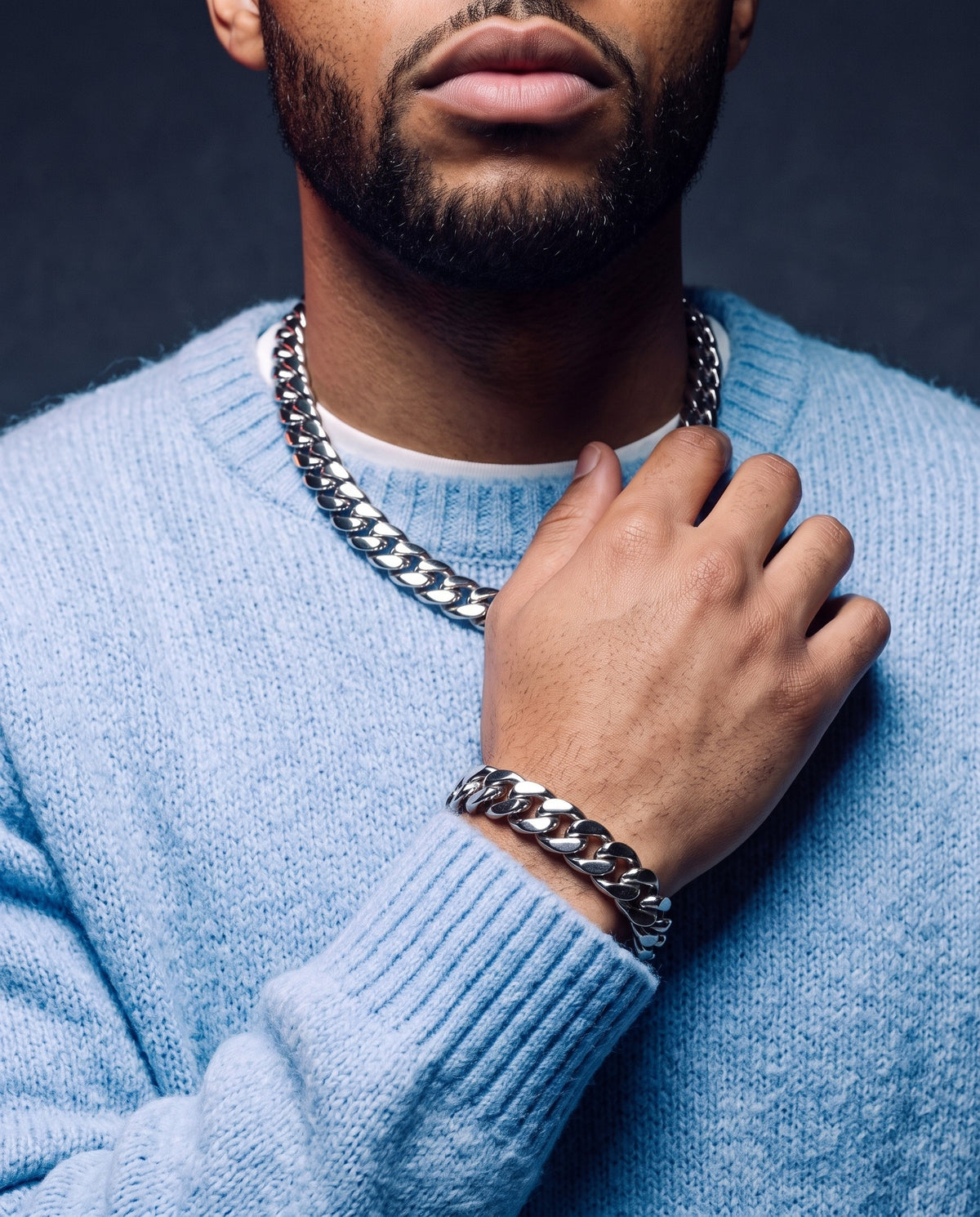 12mm white gold Clean Cubana chain and bracelet worn together