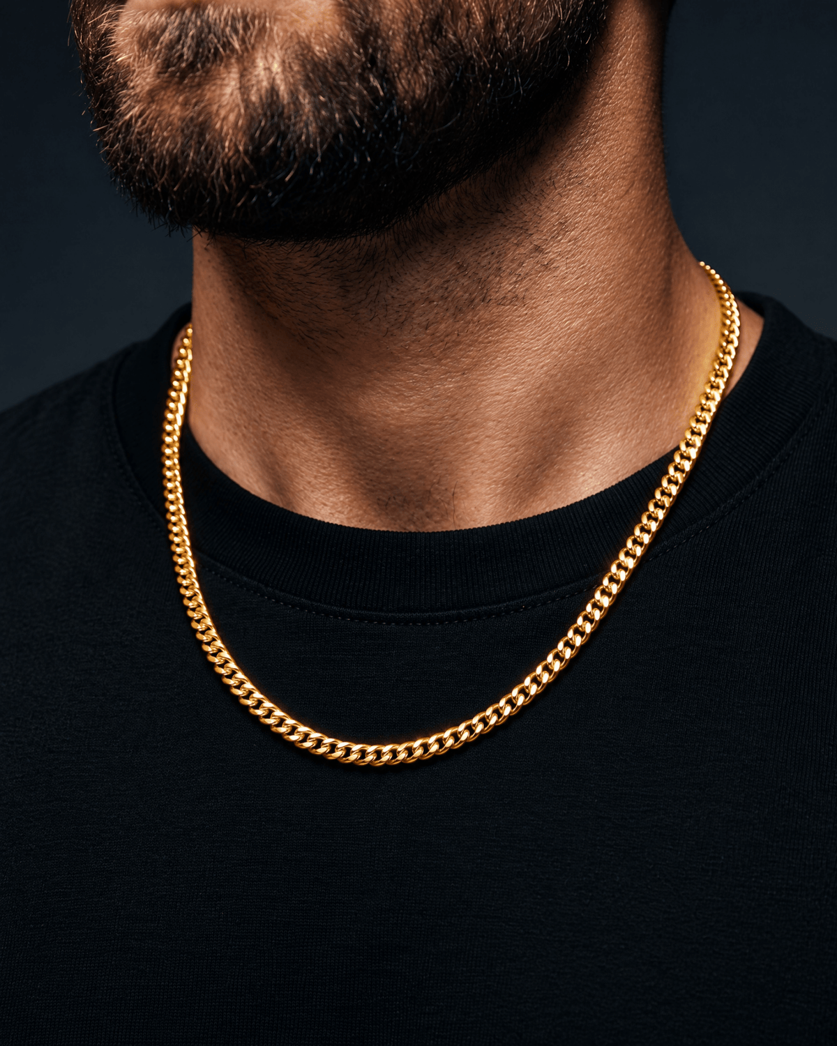 4mm gold Clean Cubana chain worn on the neck