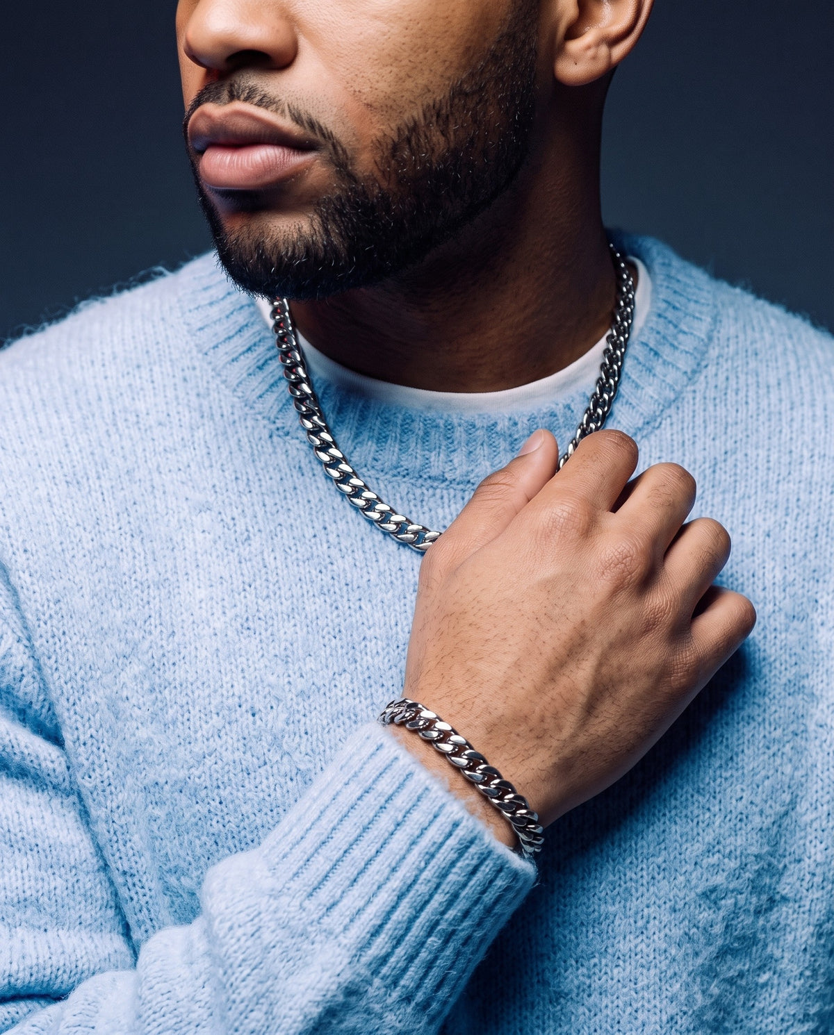 6mm white gold Clean Cubana chain and bracelet worn together