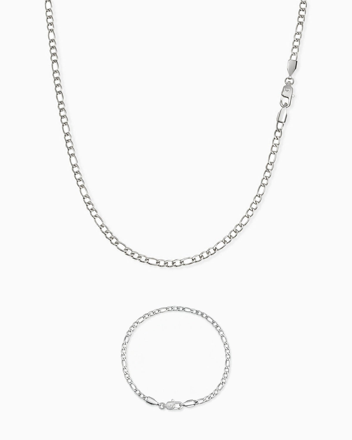 3mm white gold Clean Figaro chain and bracelet set