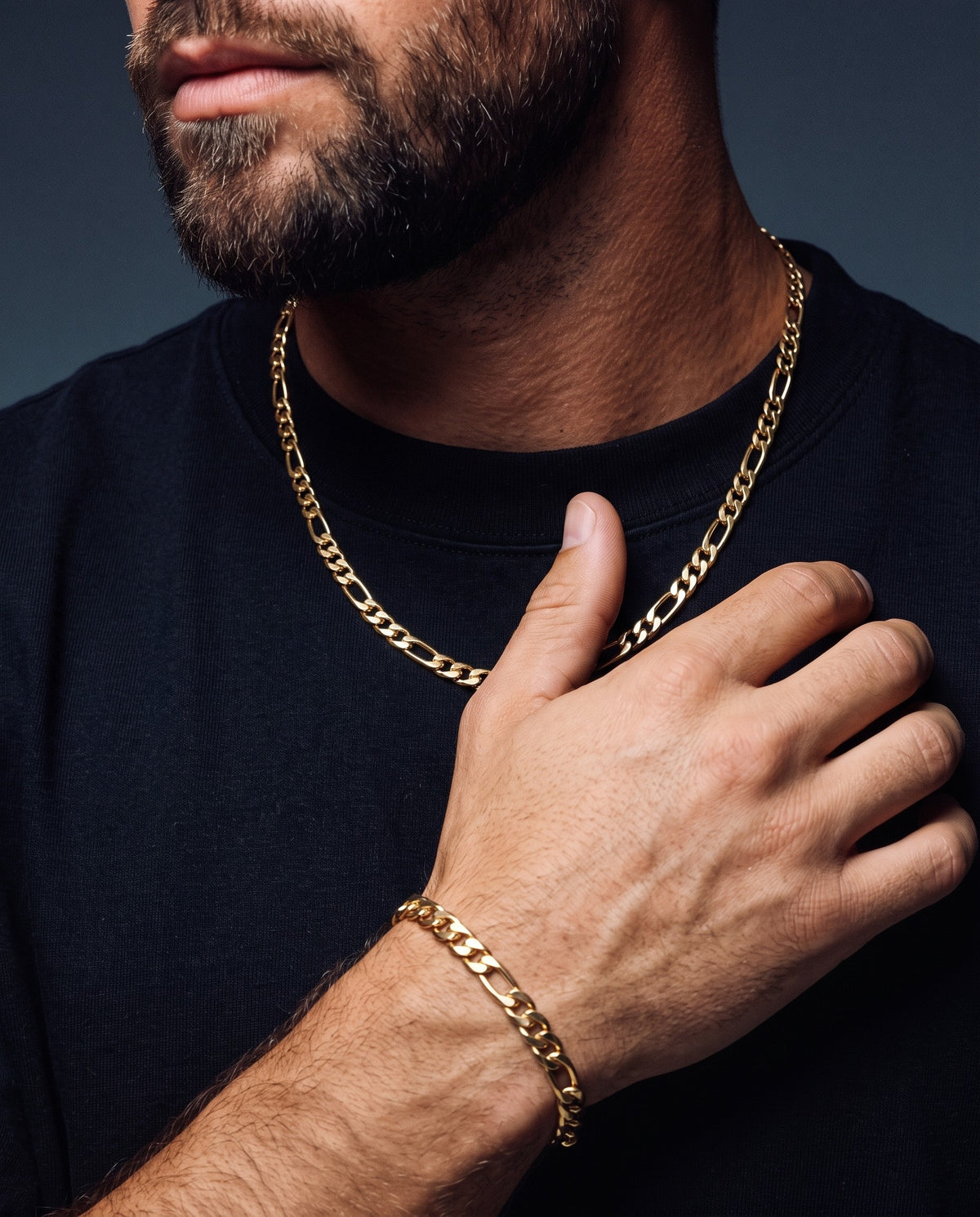 5mm gold Clean Figaro chain and bracelet worn together