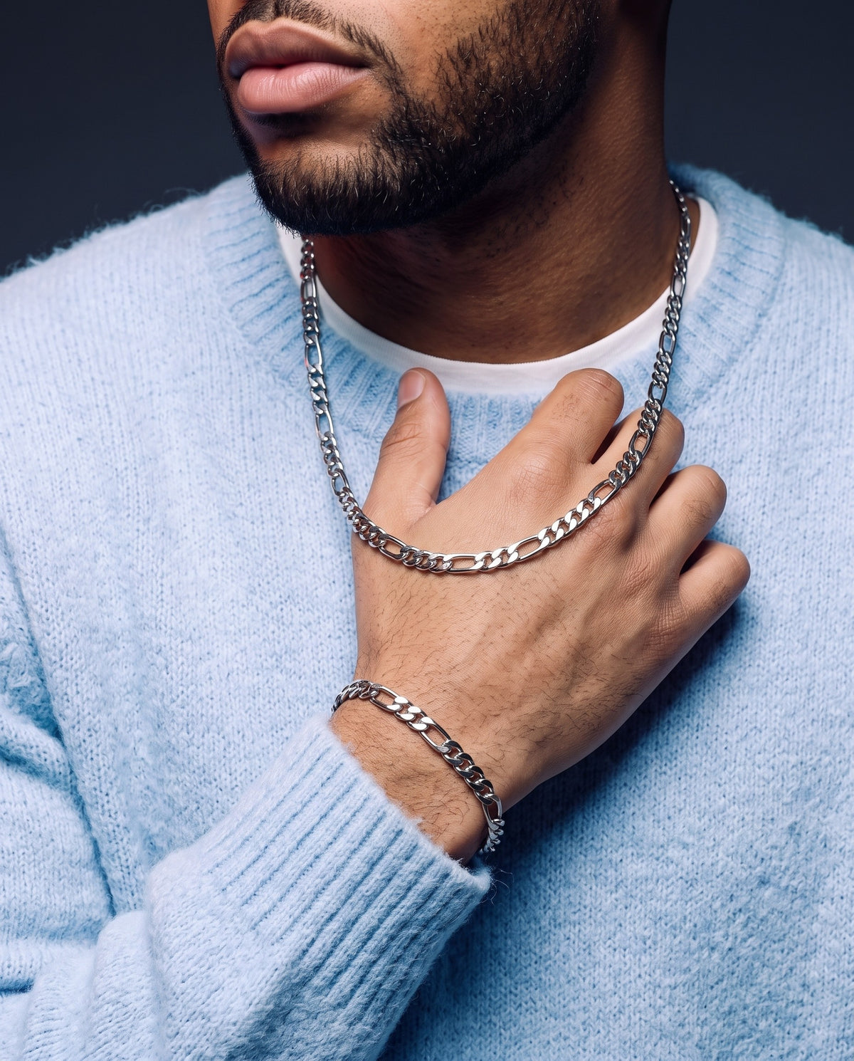 5mm white gold Clean Figaro chain and bracelet worn together