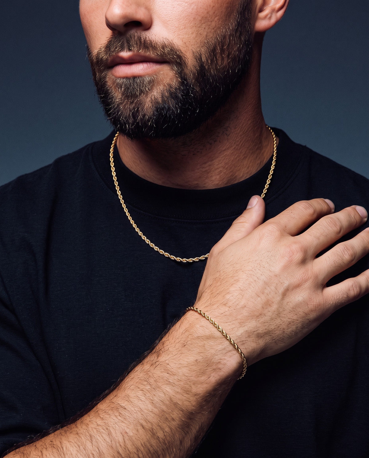 2mm gold Clean Rope chain and bracelet worn together