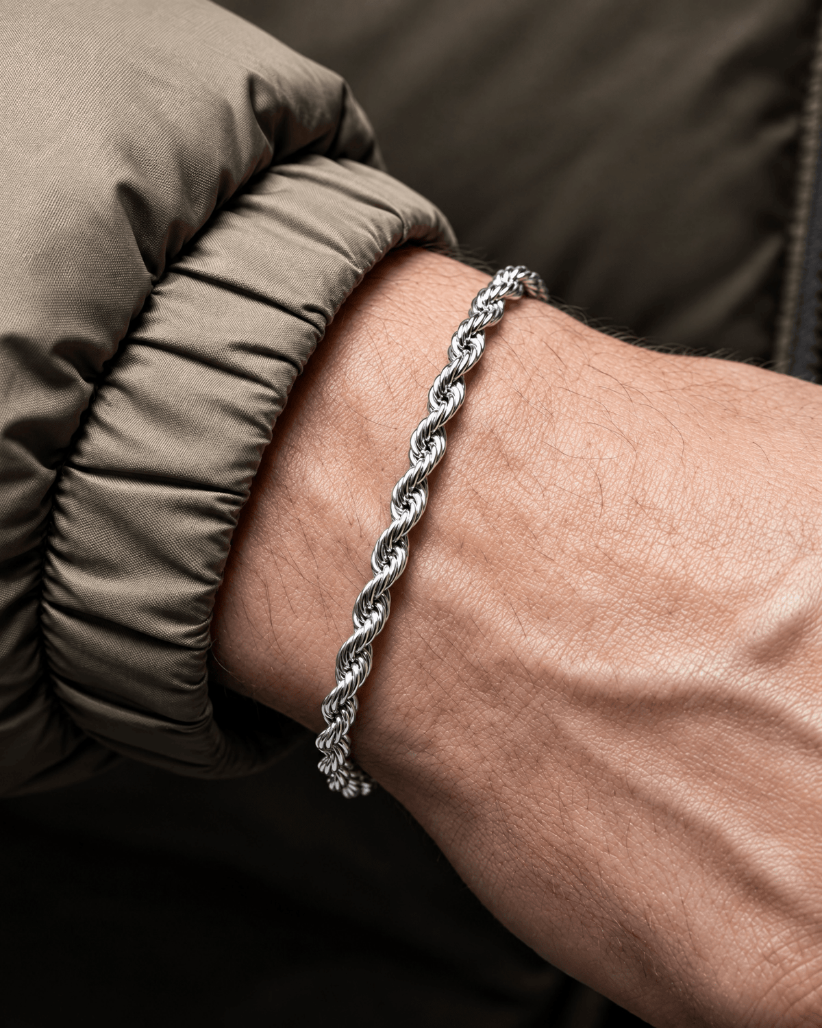 2mm white gold Clean Rope bracelet worn on the wrist