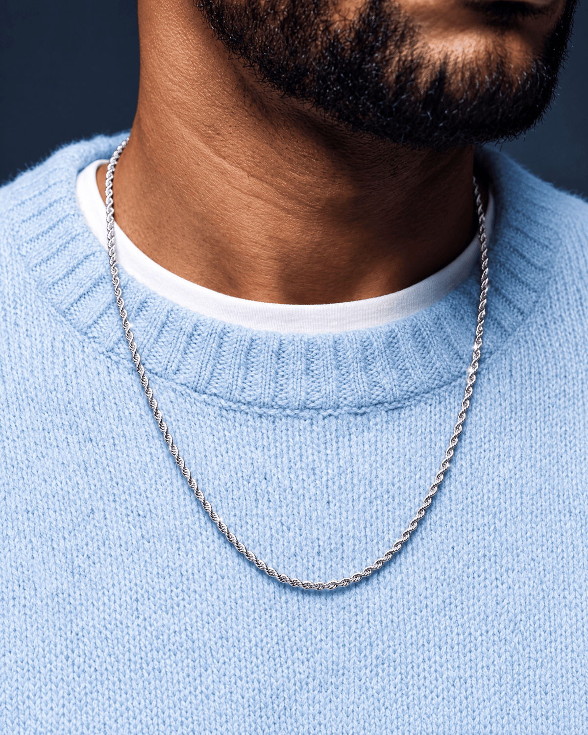 2mm white gold Clean Rope chain worn on the neck