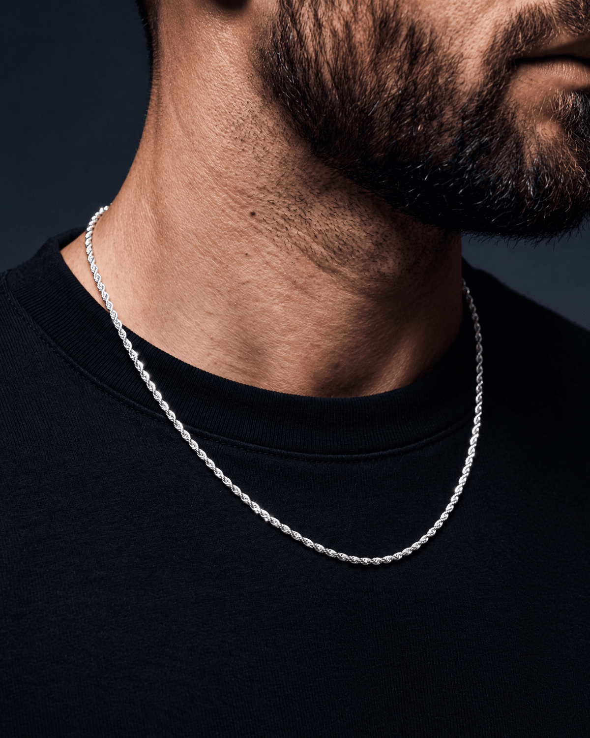2mm white gold Clean Rope chain worn on the neck