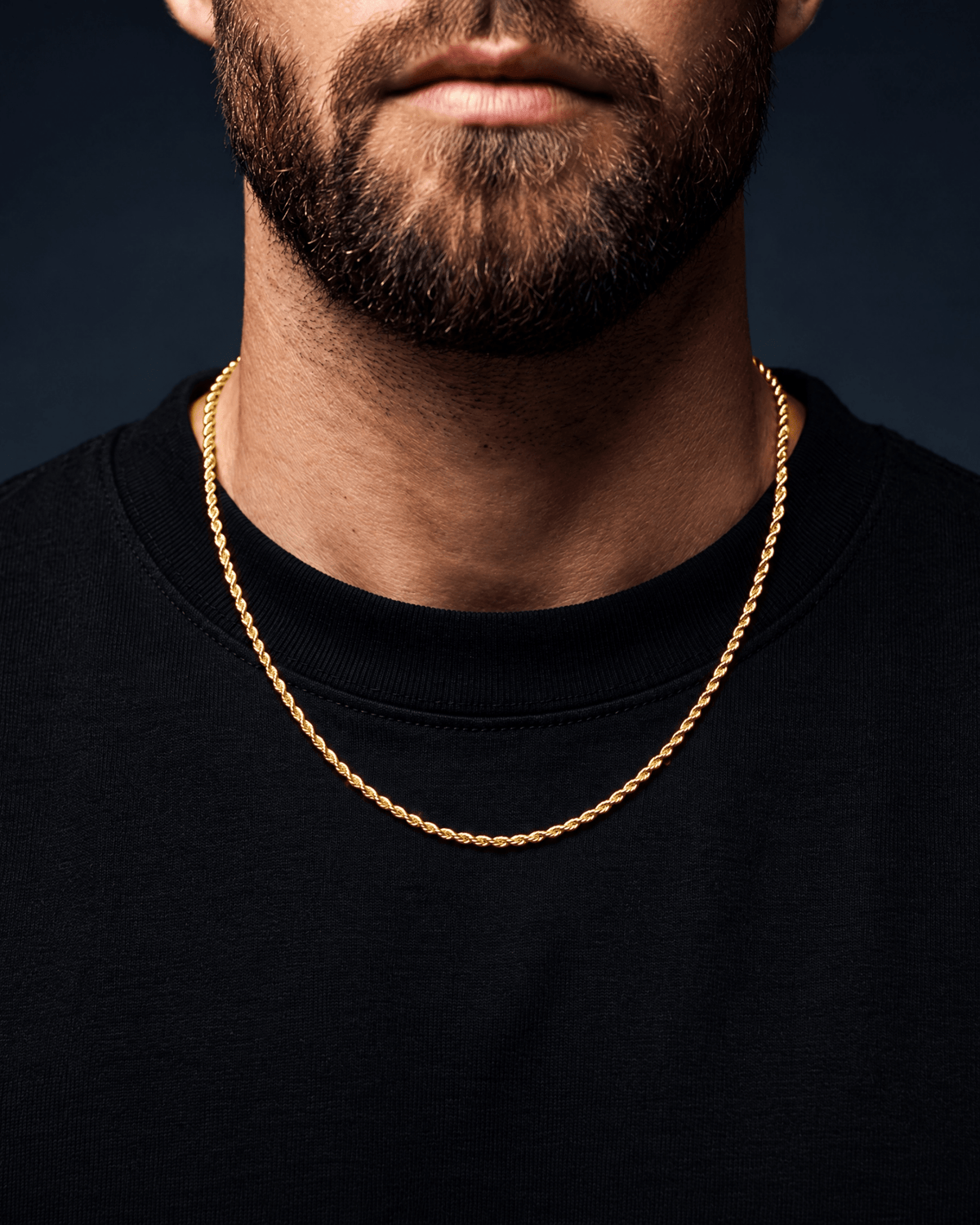2mm gold Clean Rope chain worn on the neck