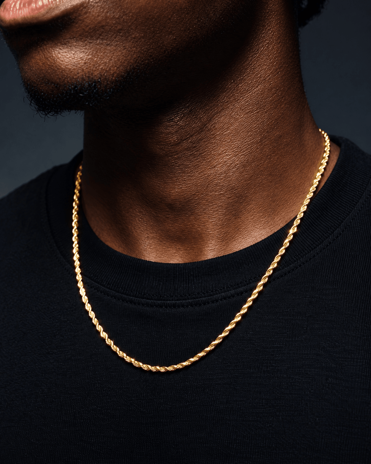 2mm gold Clean Rope chain worn on the neck