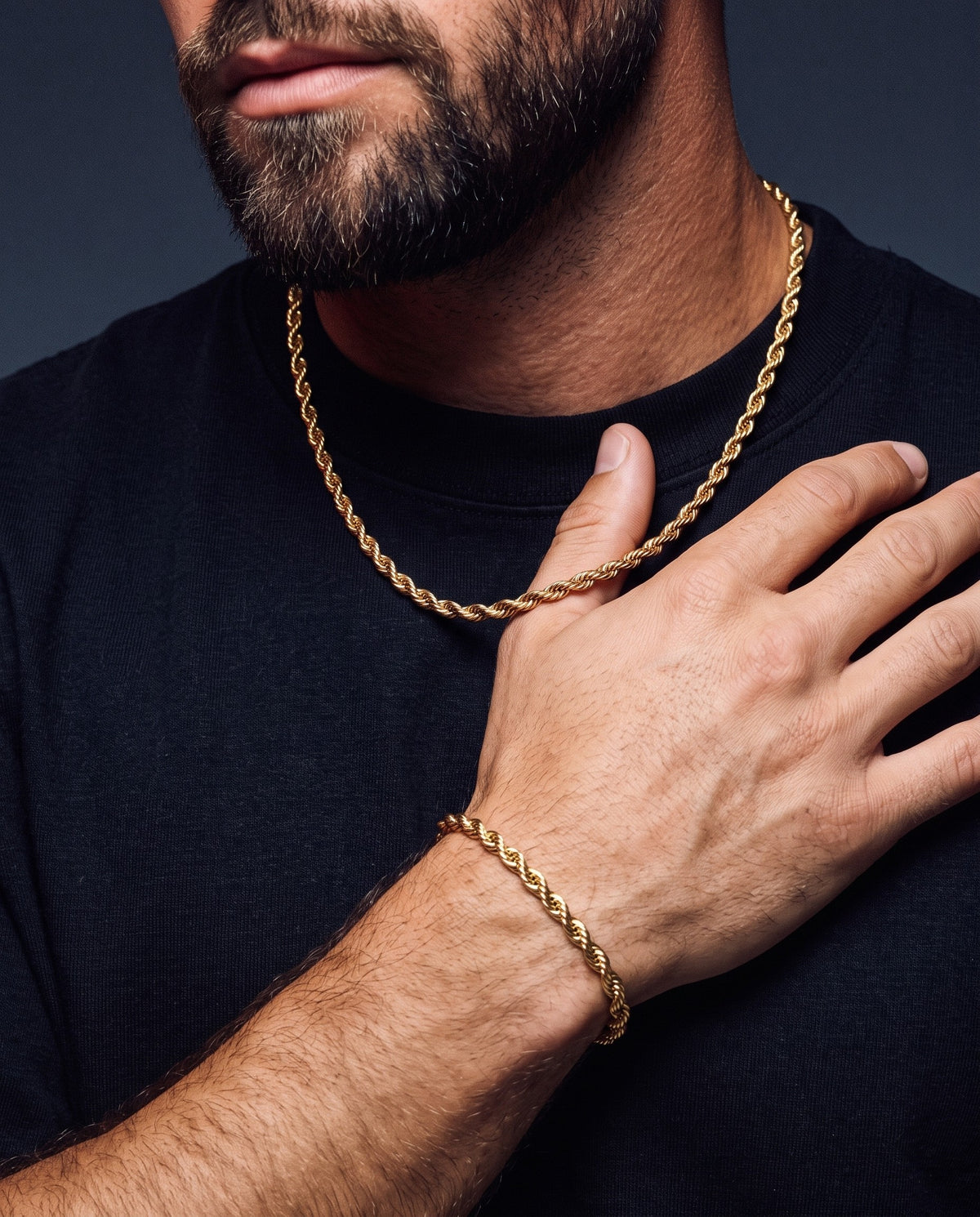 3mm gold Clean Rope chain and bracelet worn together