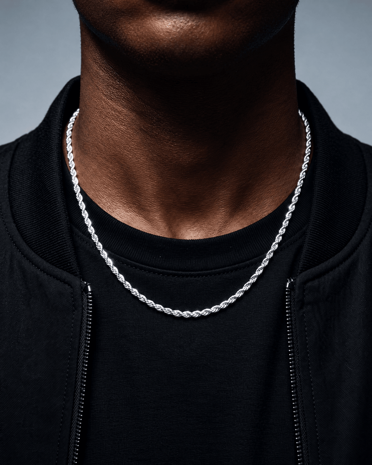 3mm white gold Clean Rope chain worn on the neck