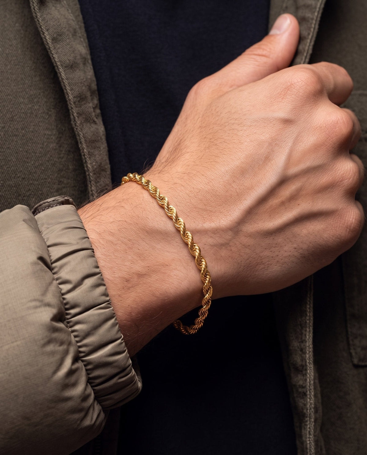 3mm gold Clean Rope bracelet worn on the wrist