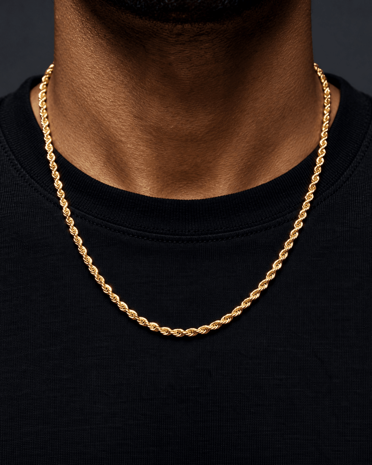 3mm gold Clean Rope chain worn on the neck