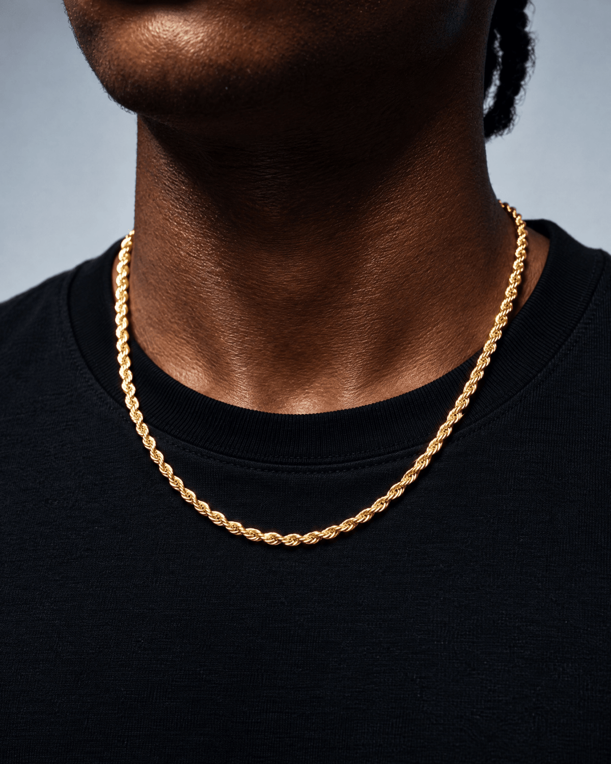 3mm gold Clean Rope chain worn on the neck
