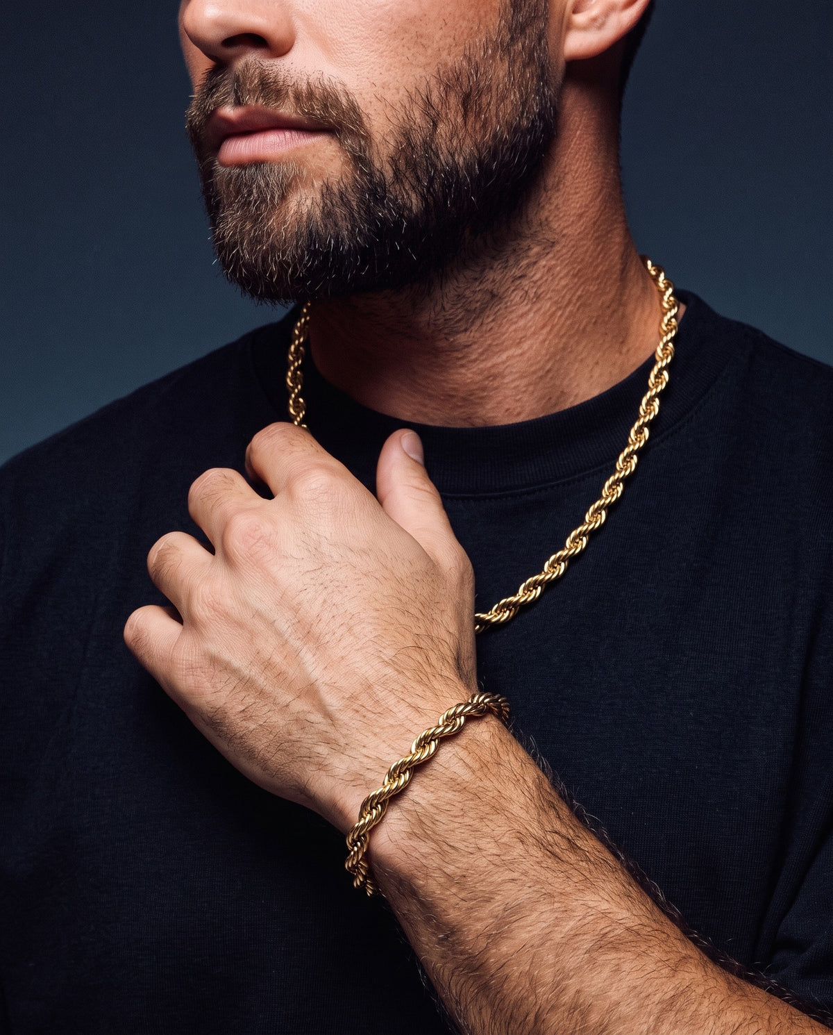 6mm gold Clean Rope chain and bracelet worn together