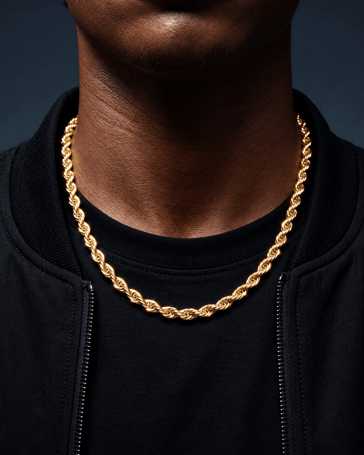 6mm gold Clean Rope chain worn on the neck