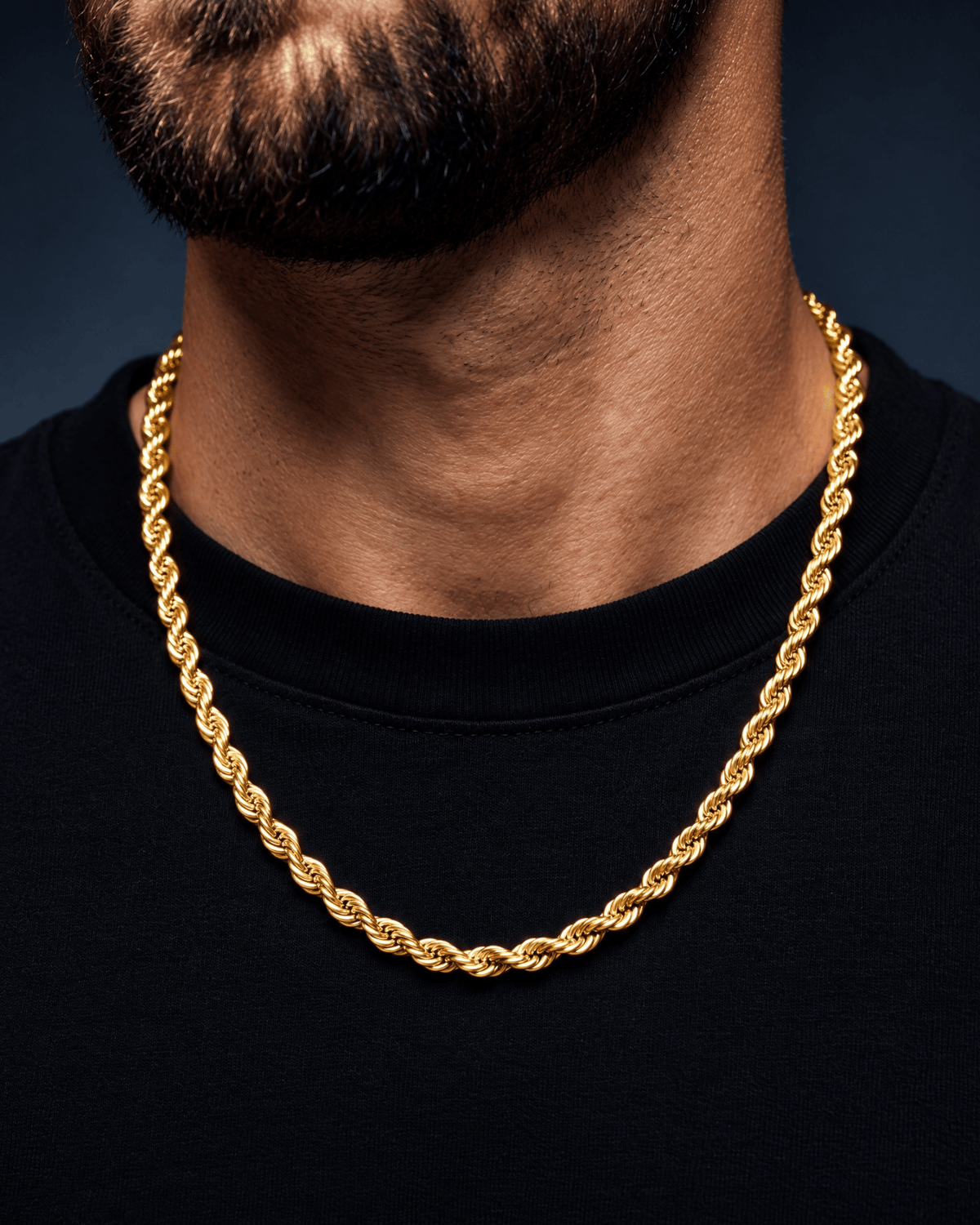 6mm gold Clean Rope chain worn on the neck
