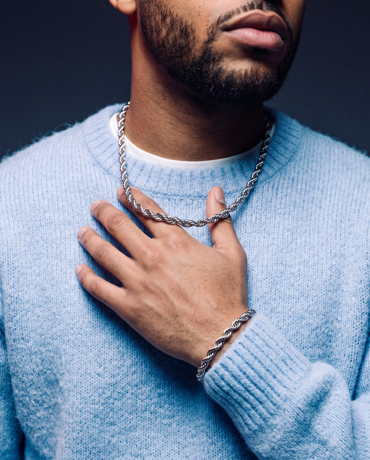 6mm white gold Clean Rope chain and bracelet worn together
