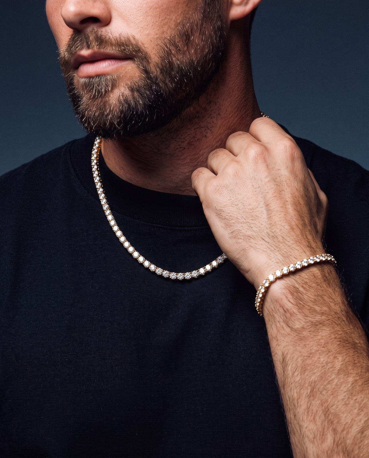 3mm gold Ice Breaker and Tennisboy chain and bracelet worn together