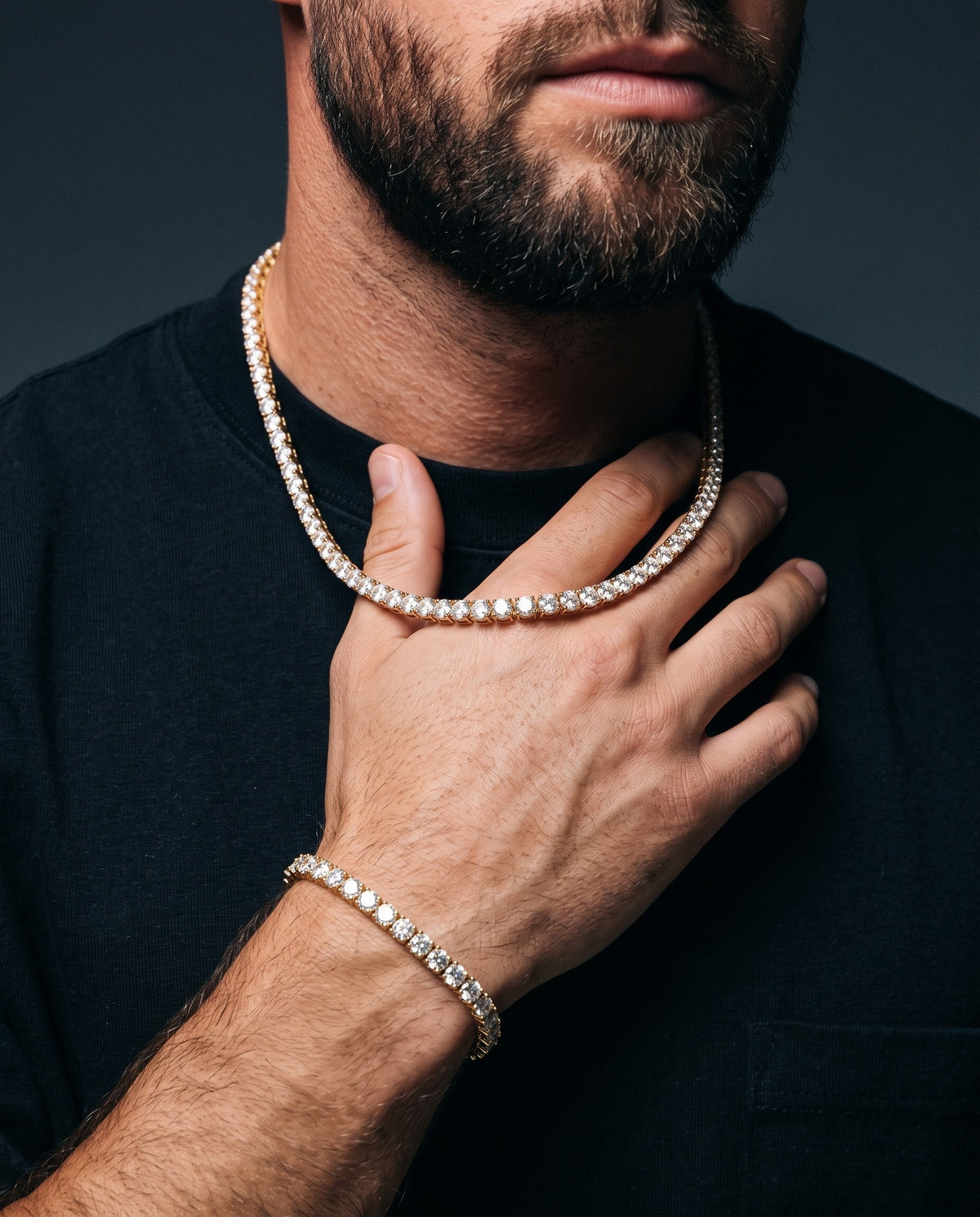 4mm gold Ice Breaker and Tennisboy chain and bracelet worn together