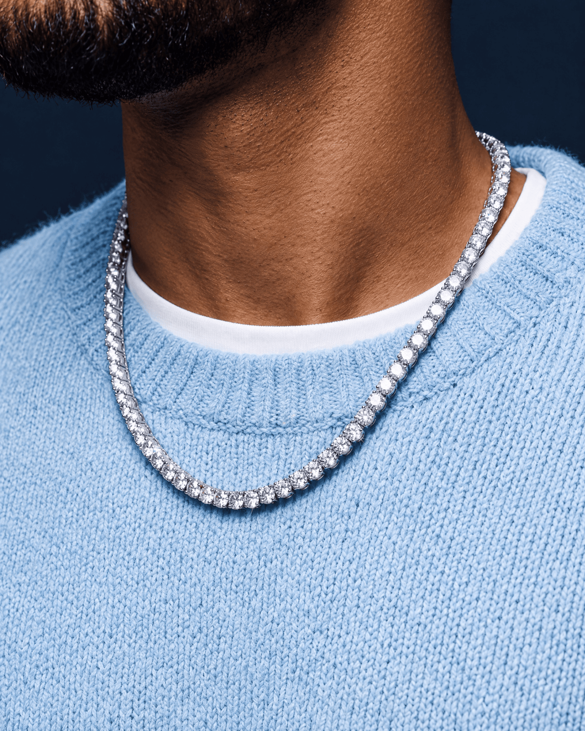 5mm white gold Ice Breaker chain worn on the neck