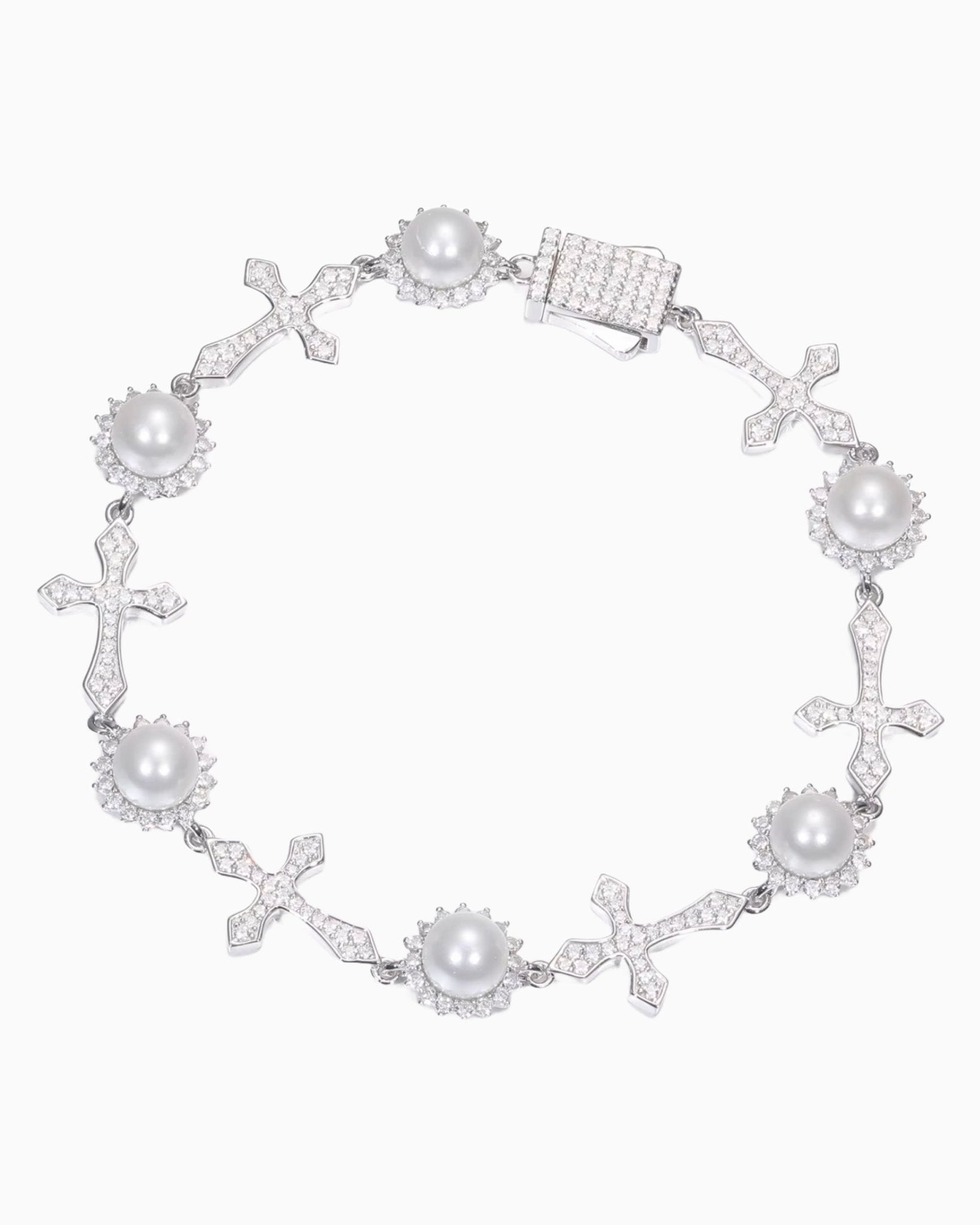 MOISSANITE ICY CROSSES & PEARLS BRACELET. - Drippy Amsterdam