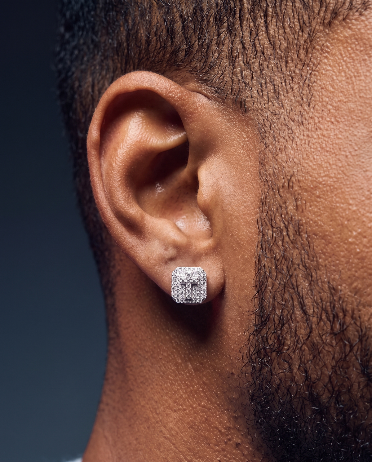 MOISSANITE SQUARE CROSS STUDS.